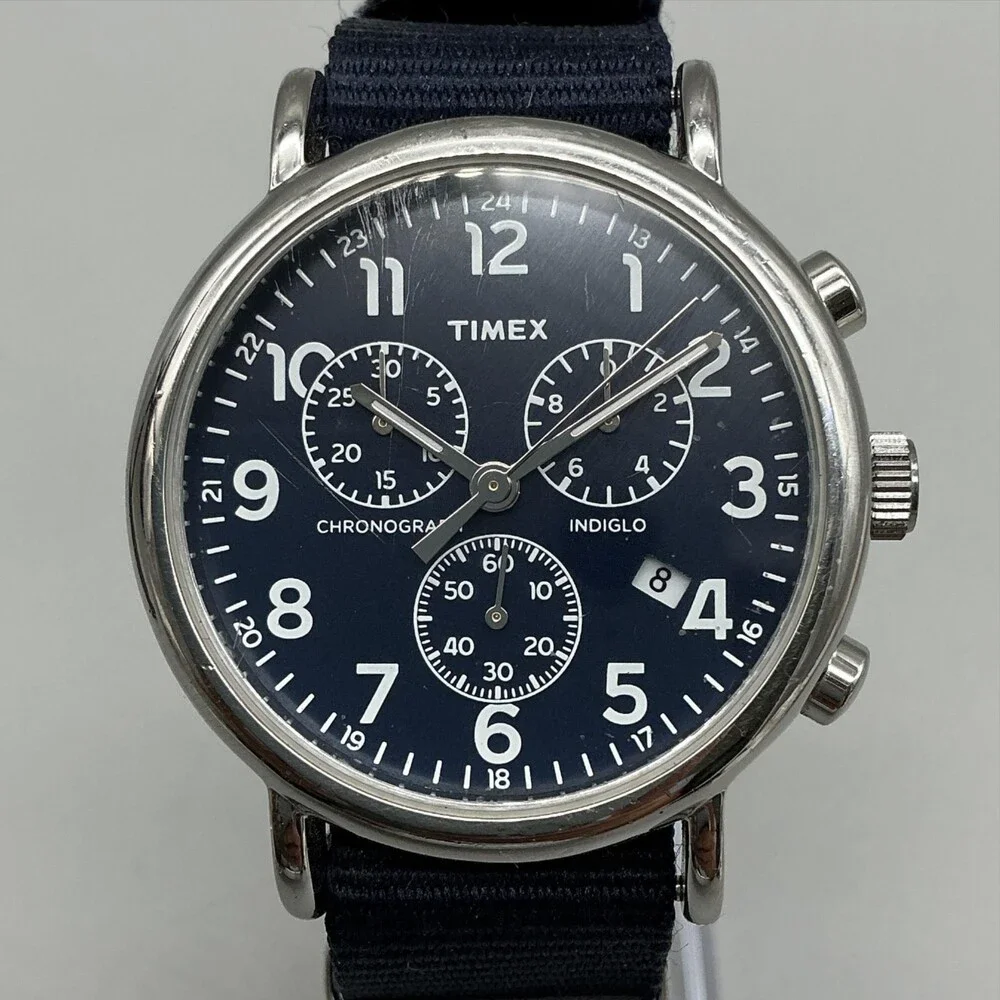 Timex Indiglo Chronograph Mens Watch 40mm Blue Dial Blue Date New Battery